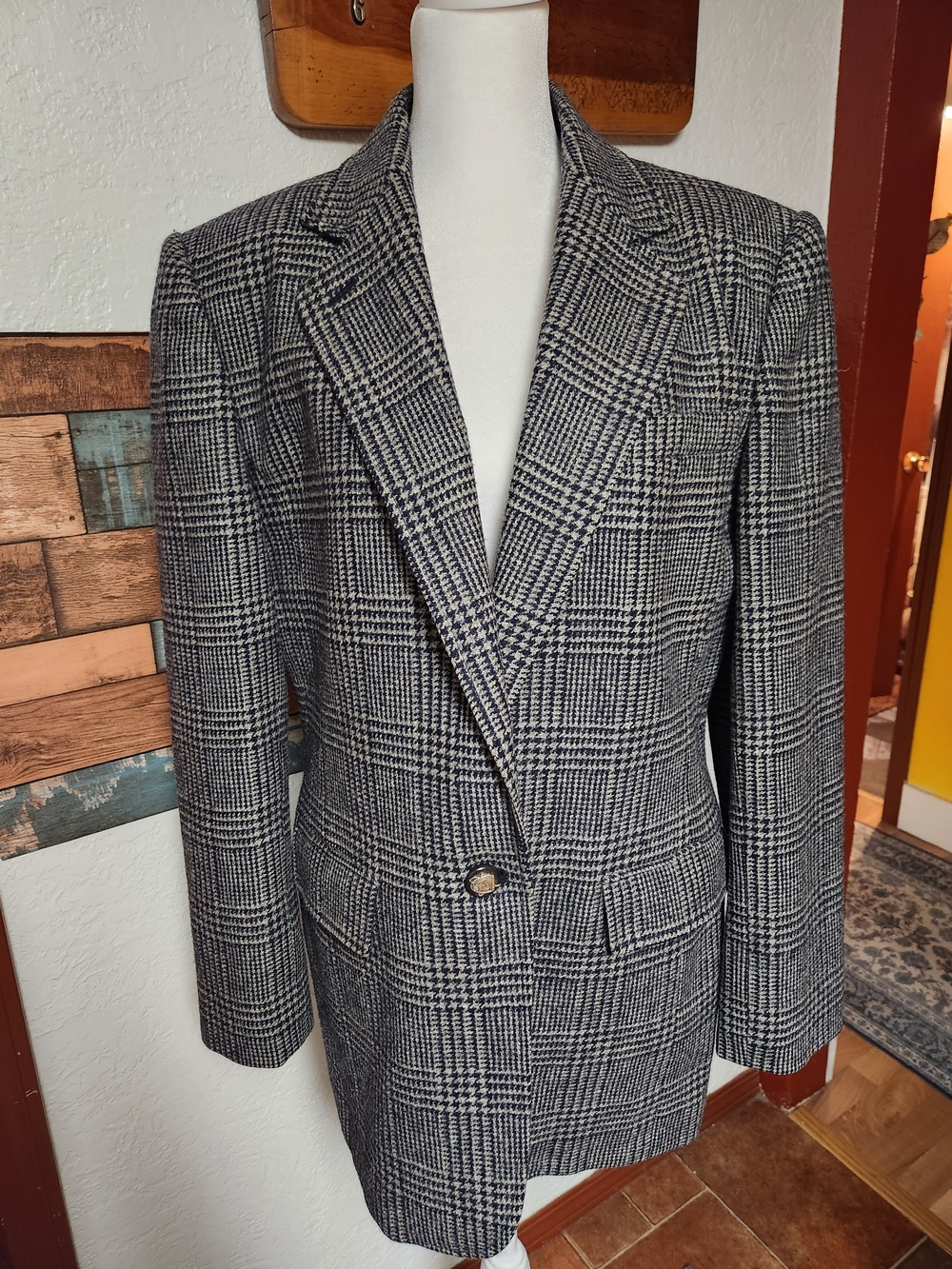 Vtg Lauren Ralph Lauren 100% Wool Glen Plaid Blazer Equestrian Horse Button 90s